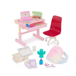 Set escritorio de 30 piezas con luz, accesorios y silla giratoria para muñecas de 45 cm