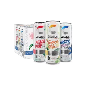 CELSIUS VIBE Bebida Energética paquete variado 12 latas Peach, Tropical & Arctic Vibe